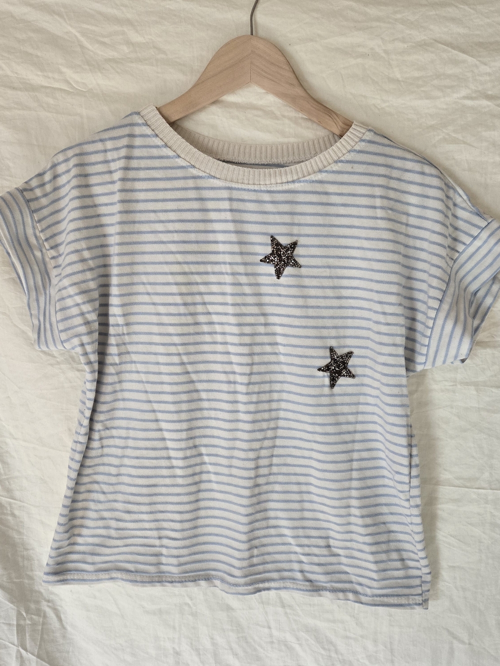 Striped Tee with Sparkle Star Patches - Blue & White